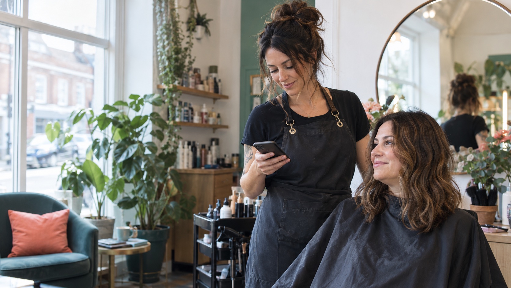 An independent stylist checking her phone with a client in her studio