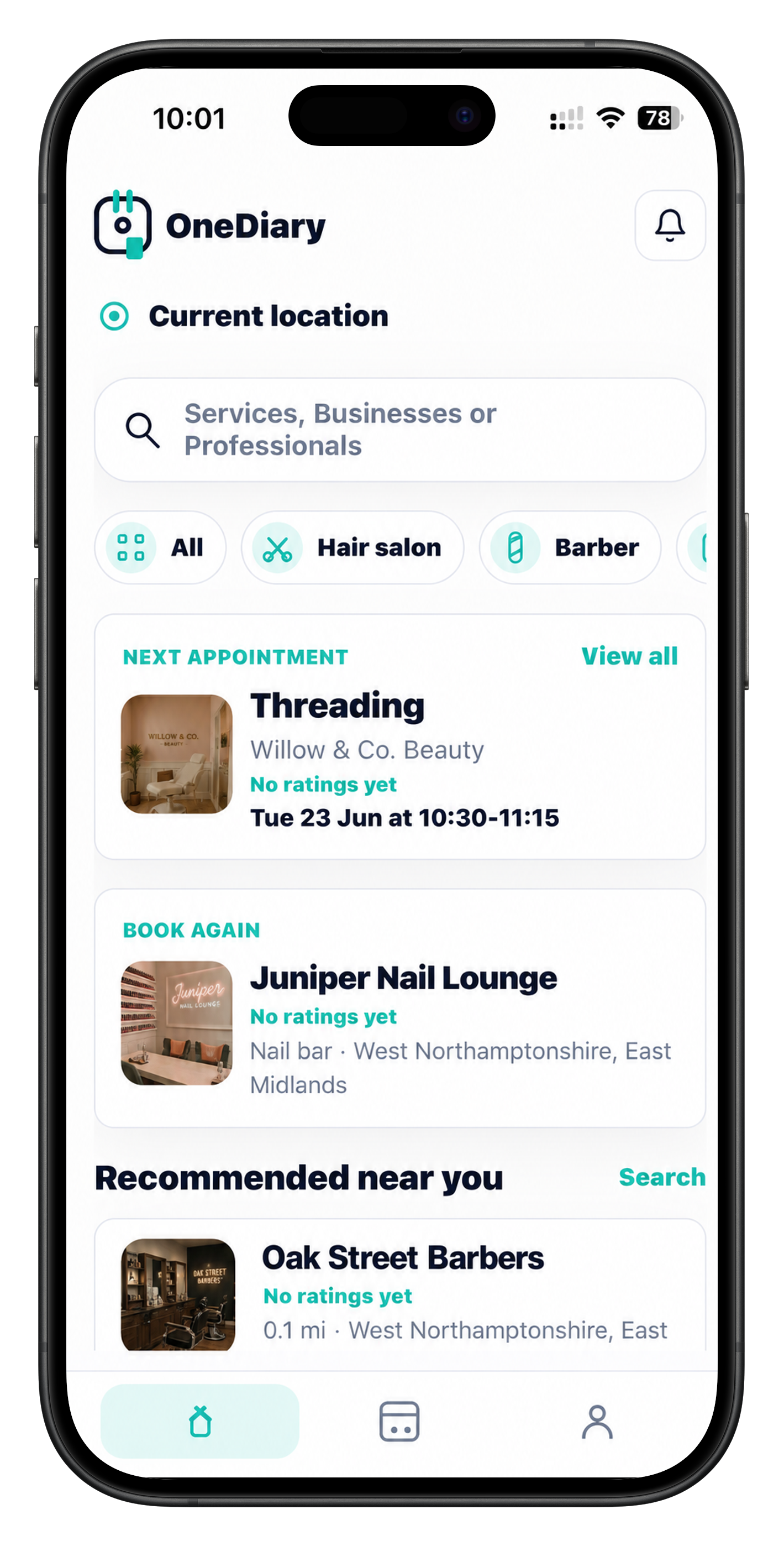 OneDiary client app screen with local service search and upcoming appointments