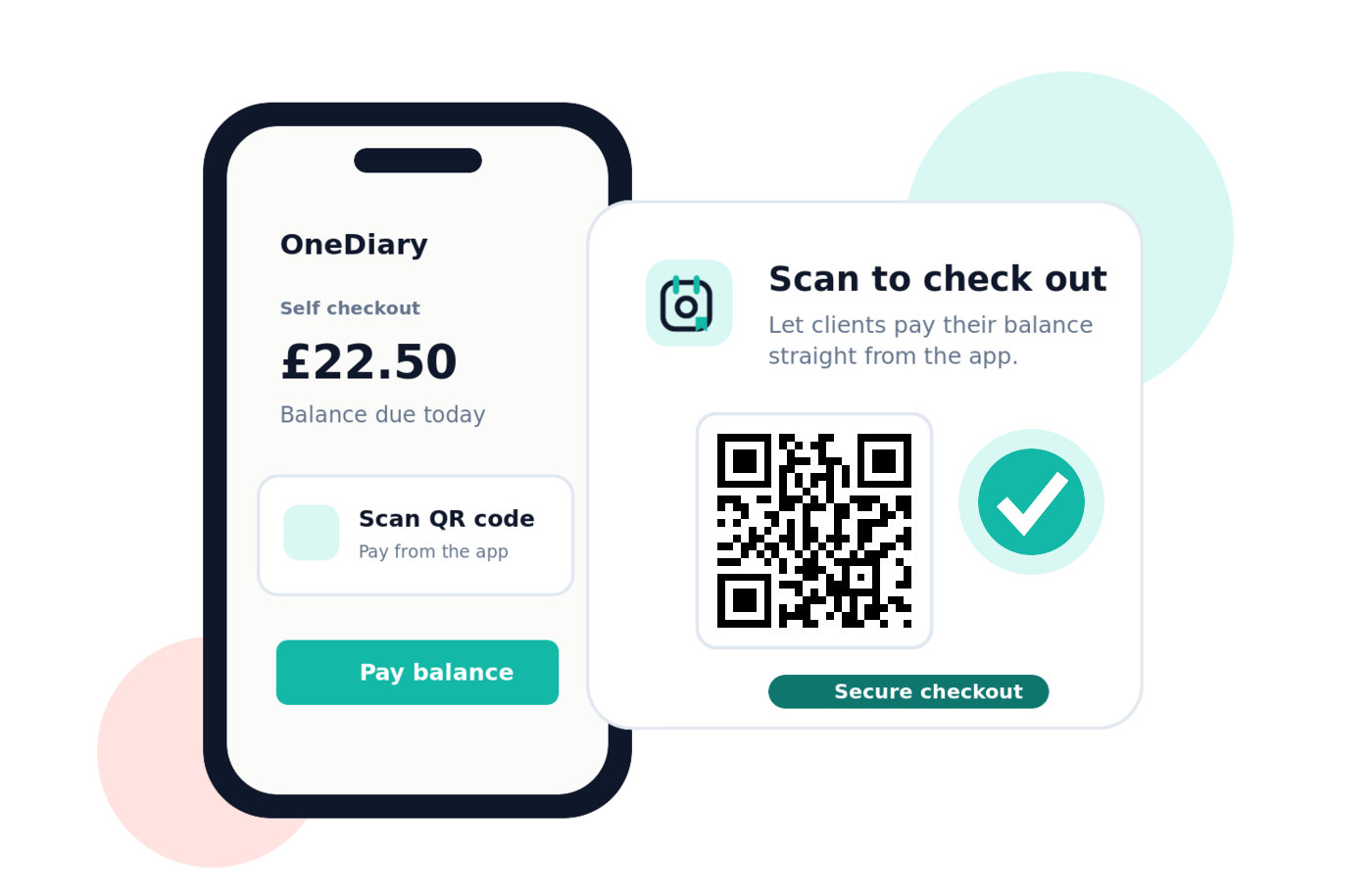 OneDiary self checkout showing a QR code for paying a booking balance