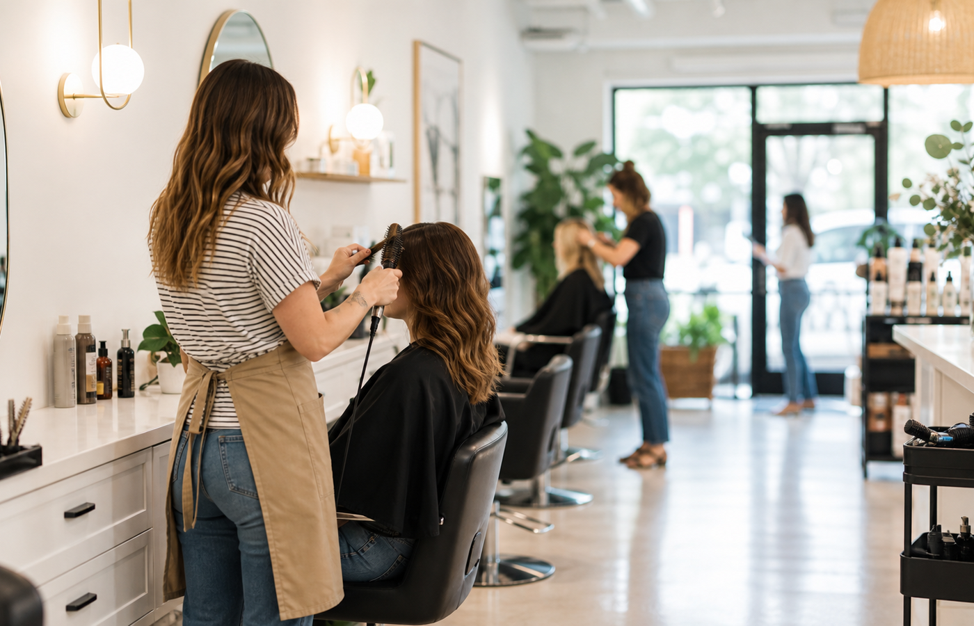 A busy salon with stylists working around client appointments