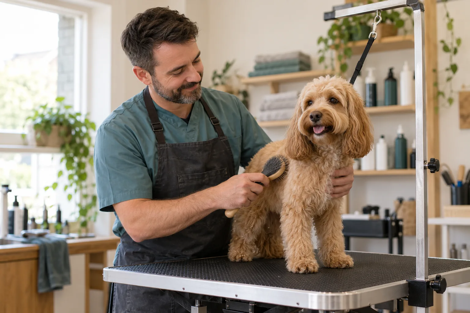 An independent dog groomer gently brushing an apricot cockapoo on a grooming table