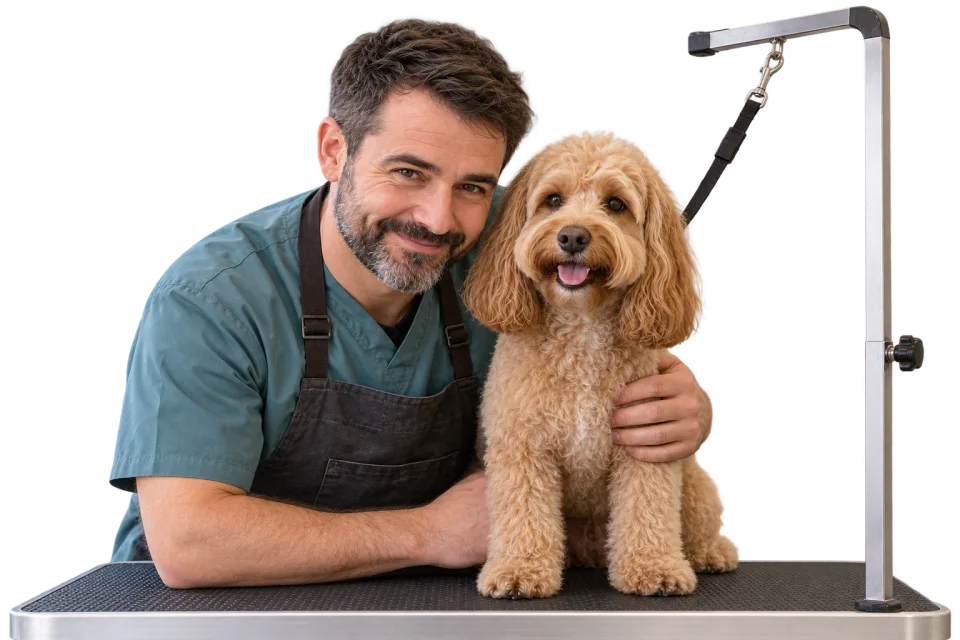 A friendly dog groomer leaning beside an apricot cockapoo at the grooming table