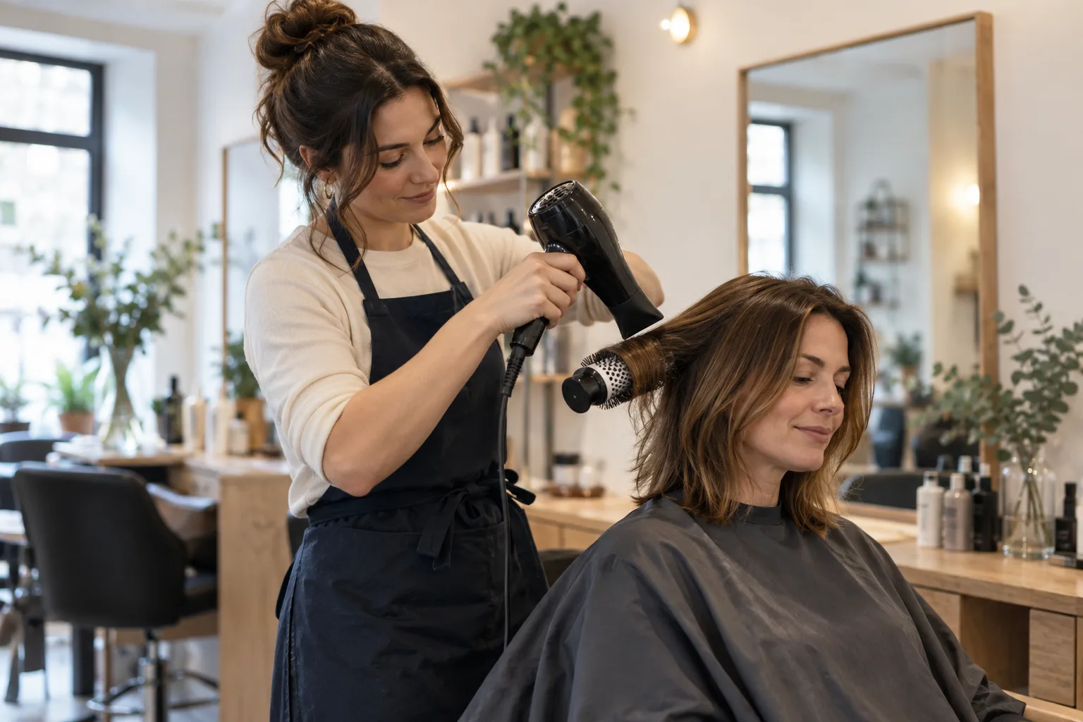 An independent hair stylist blow-drying a client's hair in a bright, welcoming salon
