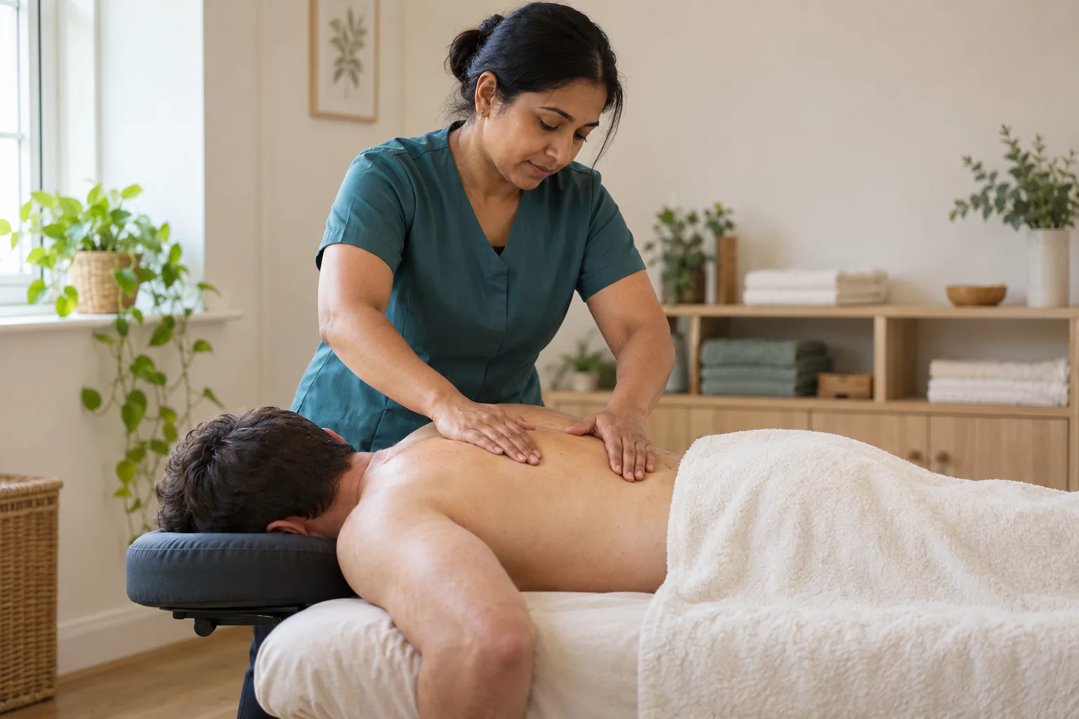 An independent massage therapist treating a client's upper back in a calm treatment room