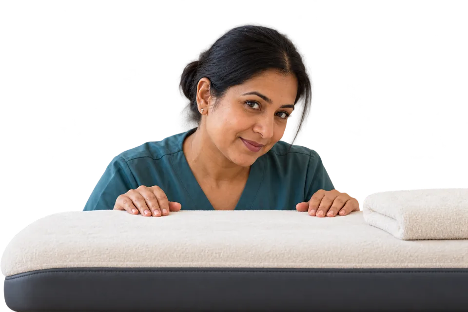 A smiling massage therapist peeking over a treatment table