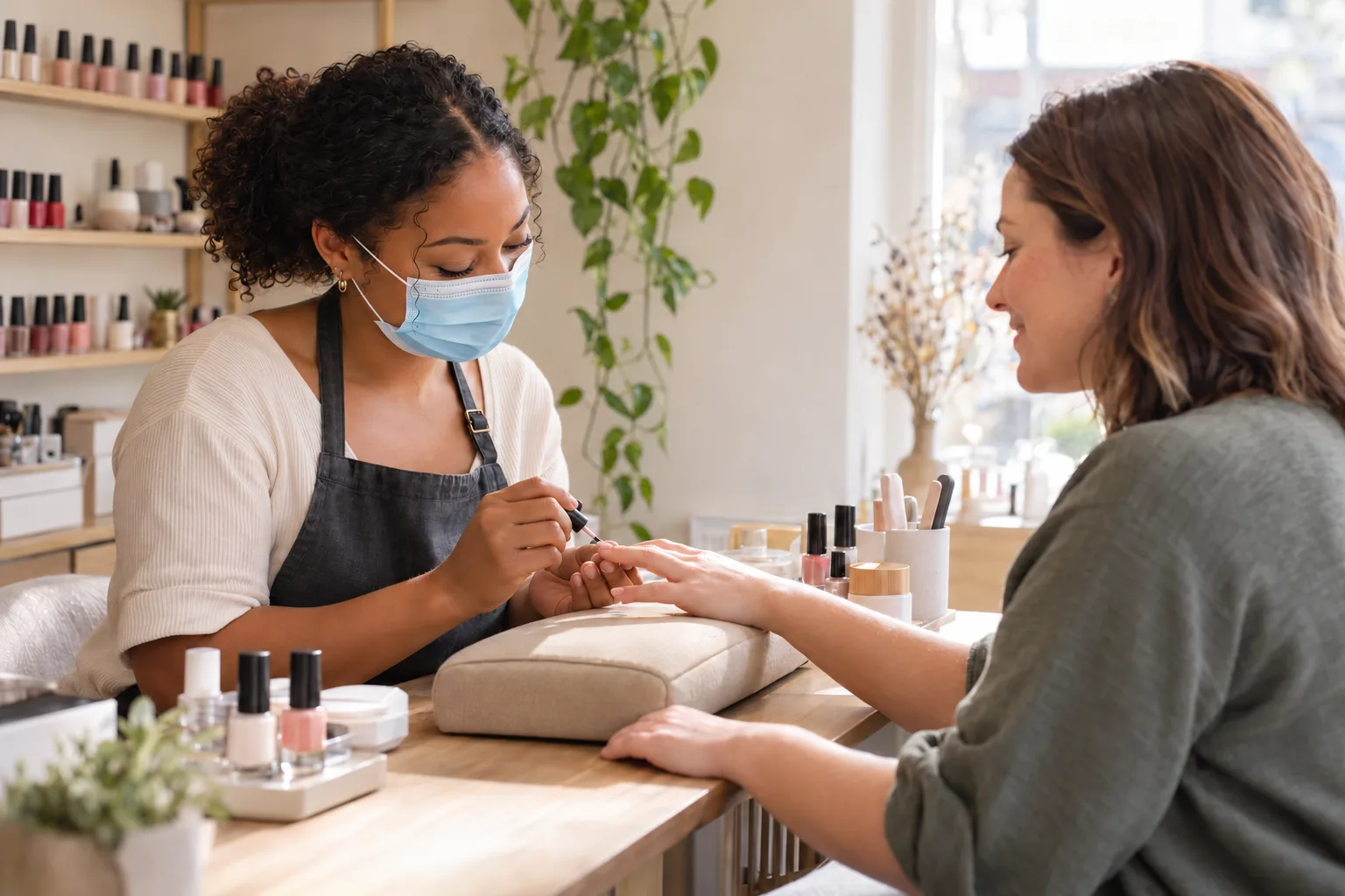 An independent nail technician wearing a surgical mask while painting a client's nails