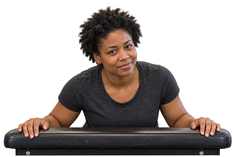 A friendly personal trainer leaning over a workout bench