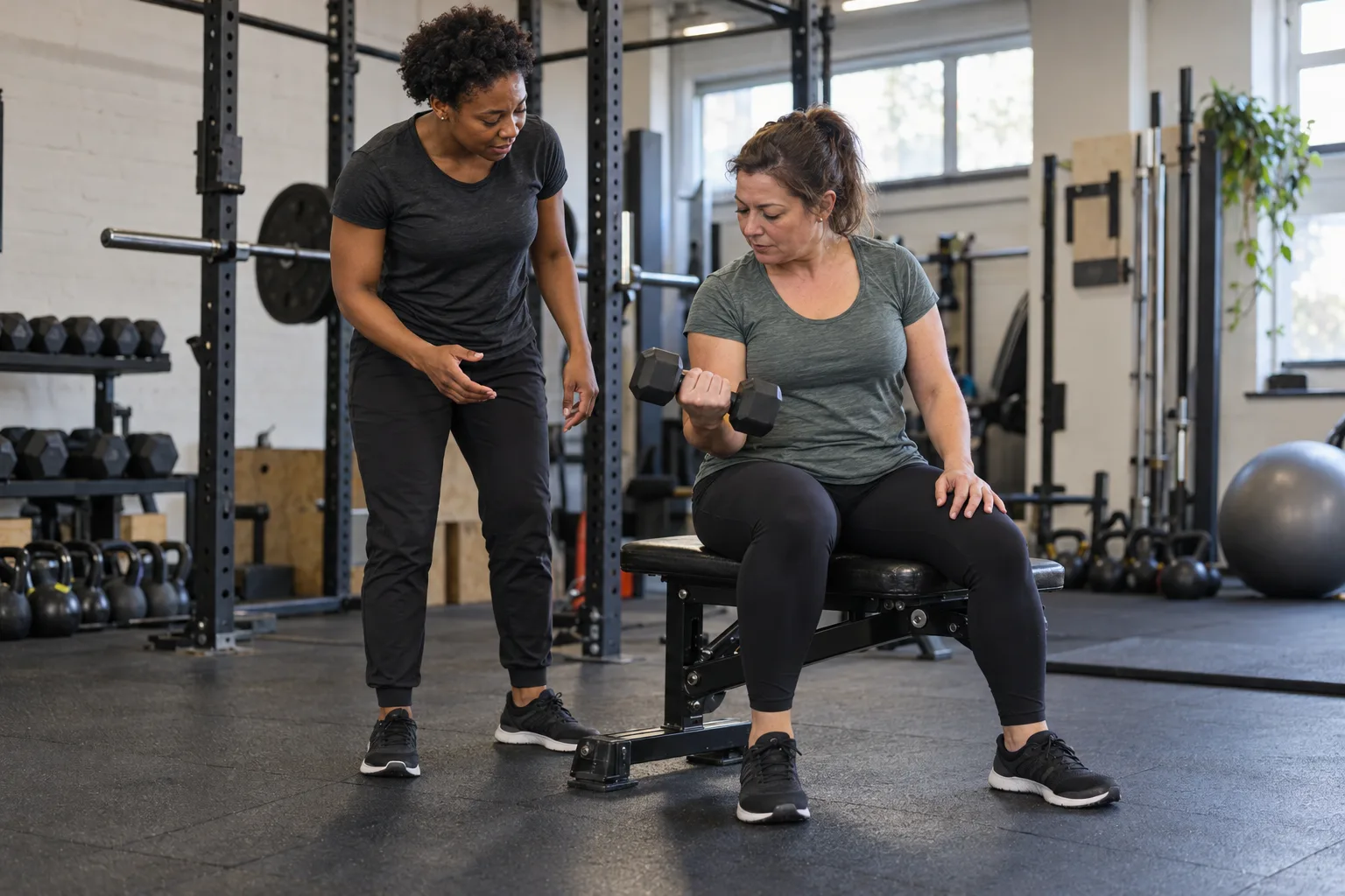 An independent personal trainer coaching a client through a dumbbell exercise in a small gym