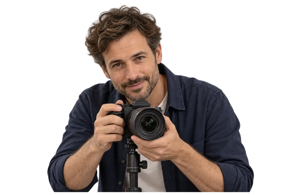 A photographer looking up from behind his camera