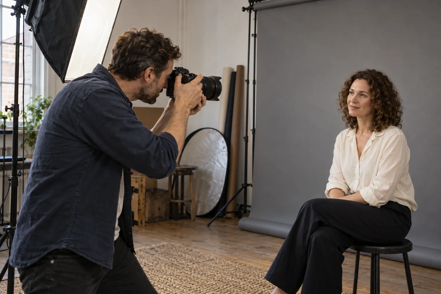 An independent photographer taking a client's portrait in a small working studio