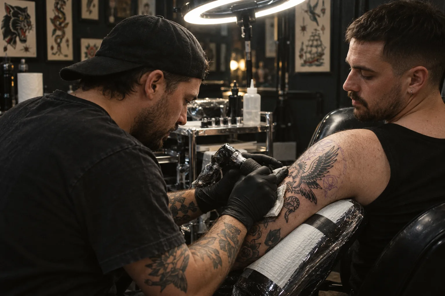 A tattoo artist in a backwards cap working on a client's upper arm under a ring lamp in a dark studio